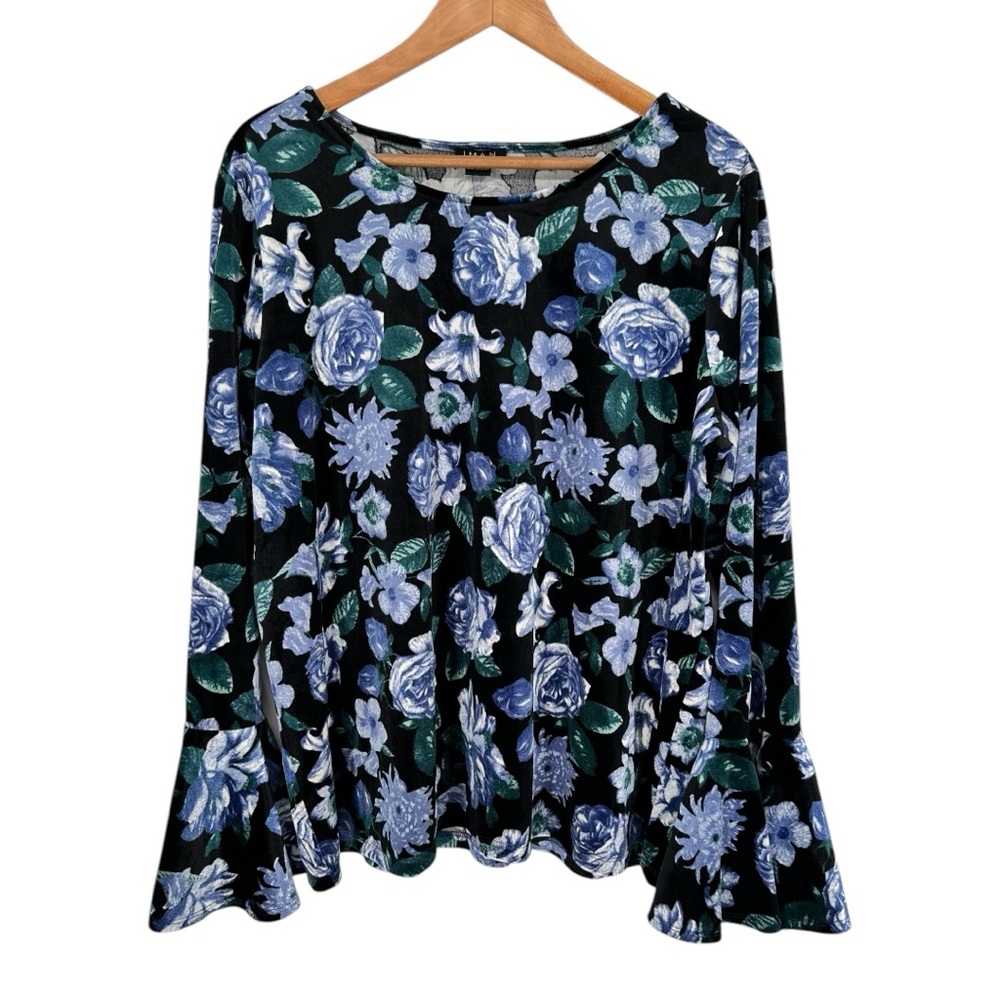 Iman Blue Green Floral Velour Bell Sleeve Blouse size 1X NWT Black